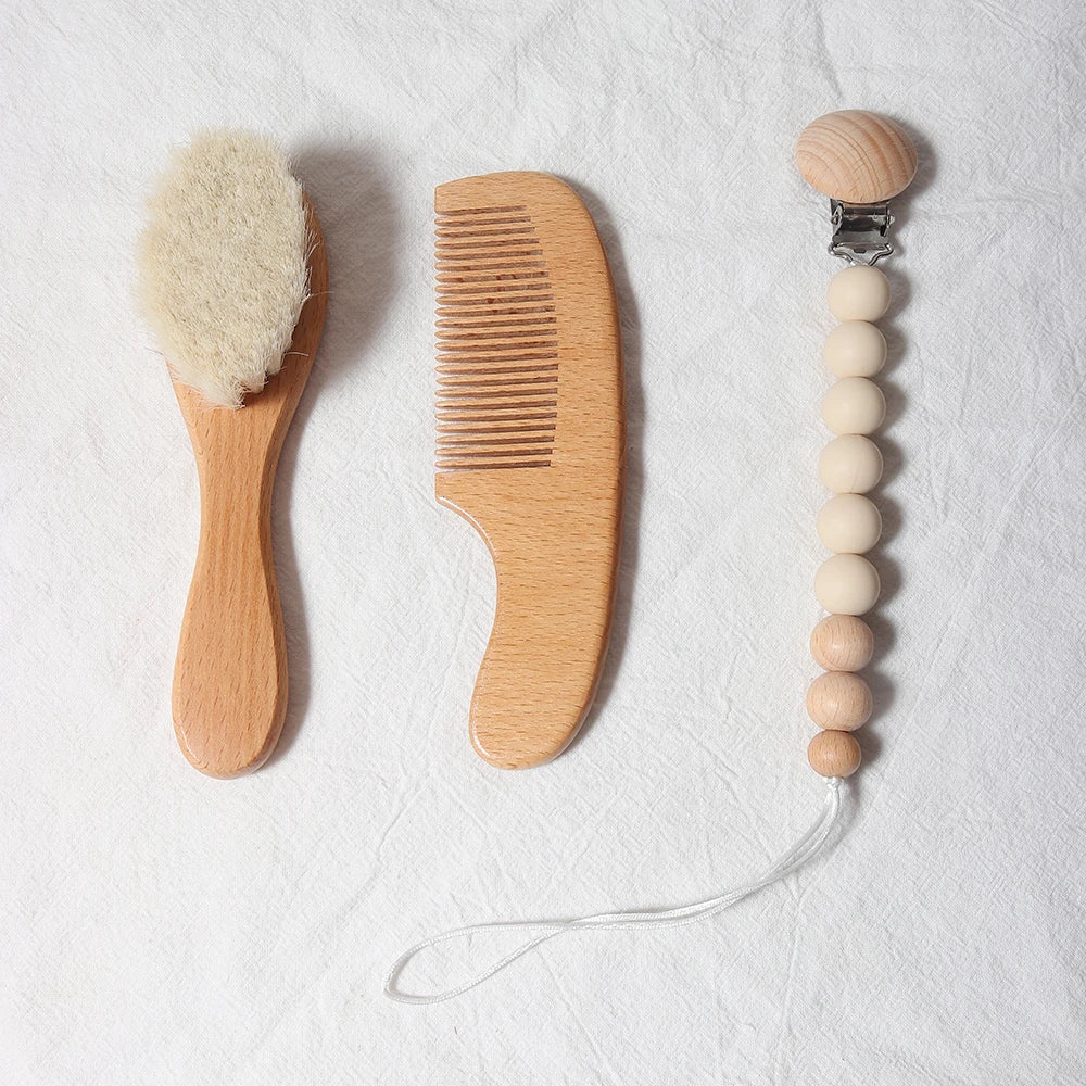 baby comb brush set newborn gift set Natural Wool beech Wooden Comb