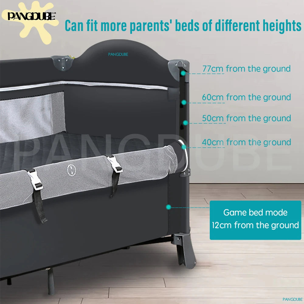 PANGDUBE 4-in-1 Baby Crib Multifunctional Convertible Bed with Rocker & Baby Playpen Newborn Changing Table Foldable Travel Cot