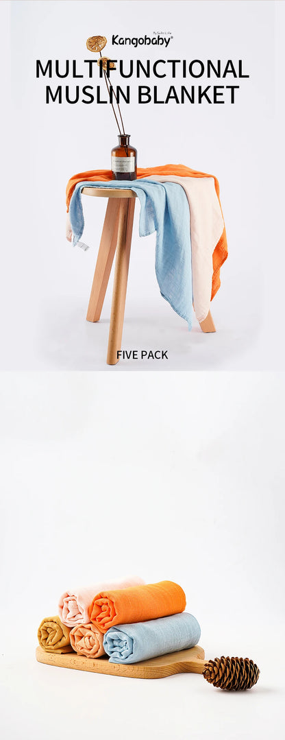 Kangobaby #My Soft Life# 5 Pieces Pack Multi-Functional Bamboo Cotton Muslin Blanket Baby Burp Cloth Set