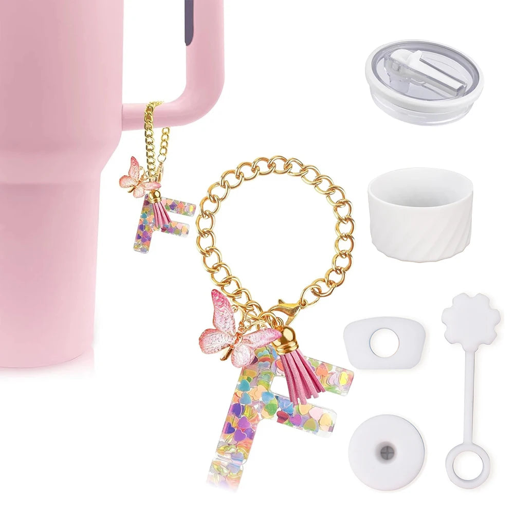 6PCS Cup Accessories Set for Stanley Cup 40oz, Tumbler Initials Decorations, Including Silicone Straw Cover Cap,Sticker