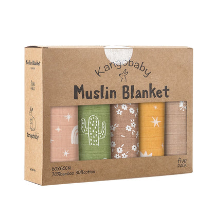 Kangobaby #My Soft Life# 5 Pieces Pack Multi-Functional Bamboo Cotton Muslin Blanket Baby Burp Cloth Set
