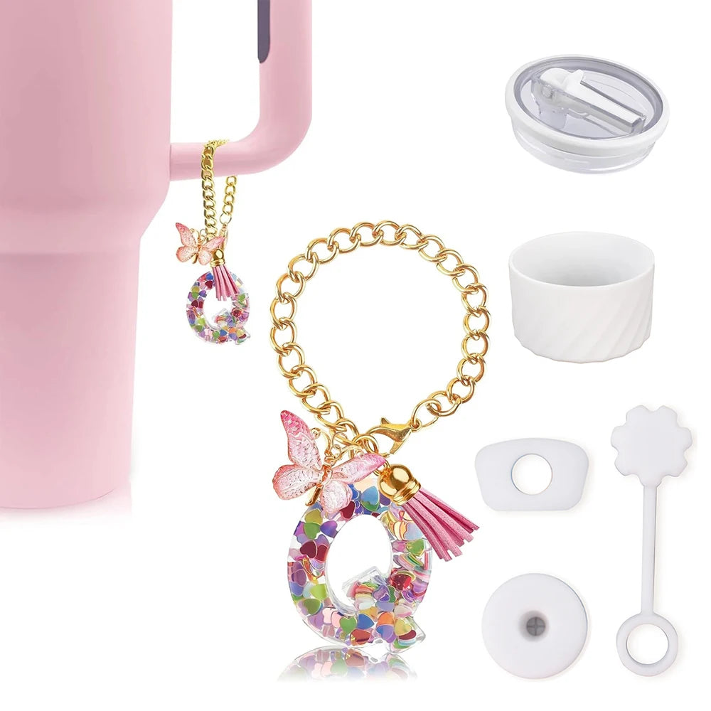 6PCS Cup Accessories Set for Stanley Cup 40oz, Tumbler Initials Decorations, Including Silicone Straw Cover Cap,Sticker