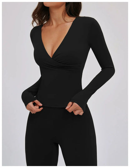 Compression Shirt Yoga Long Sleeve V Training Wear Tight Slim Fit Outdoor Running Fitness Sportswear Woman Gym Activewear