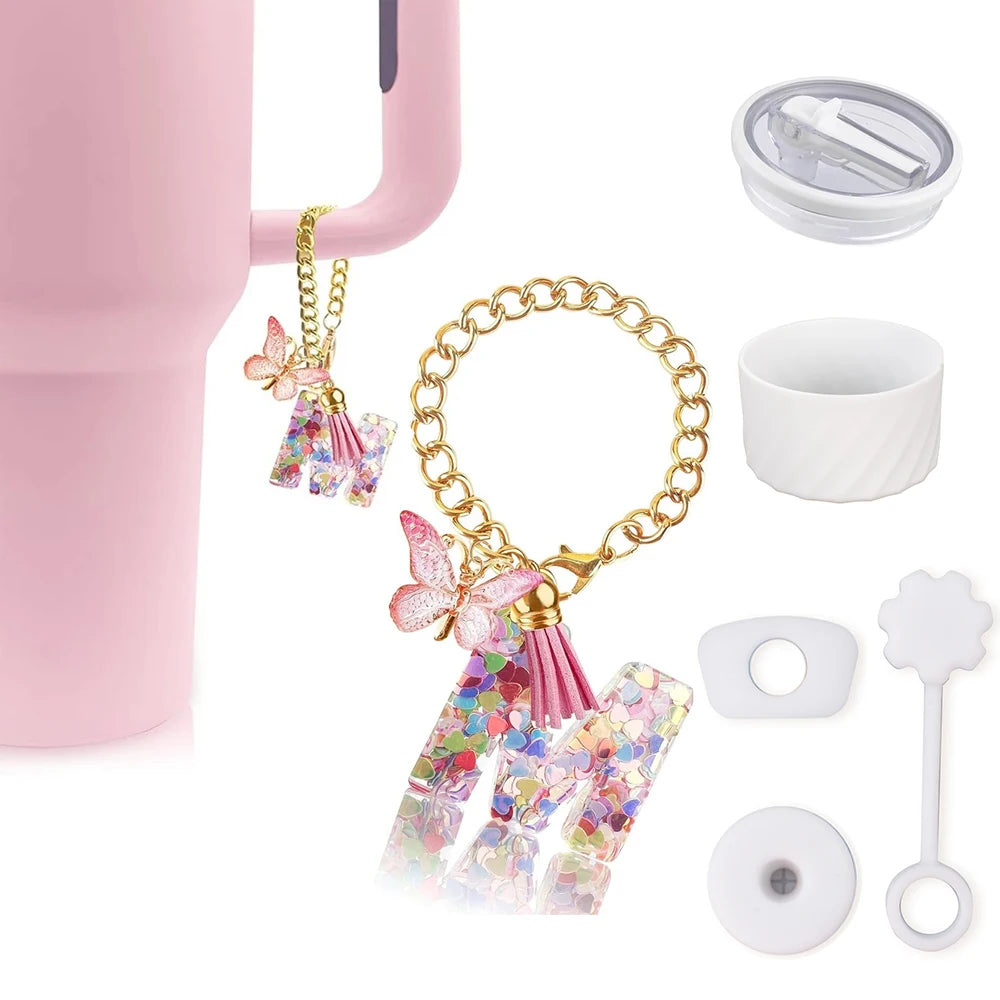 6PCS Cup Accessories Set for Stanley Cup 40oz, Tumbler Initials Decorations, Including Silicone Straw Cover Cap,Sticker