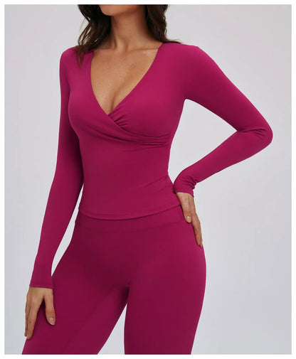 Compression Shirt Yoga Long Sleeve V Training Wear Tight Slim Fit Outdoor Running Fitness Sportswear Woman Gym Activewear