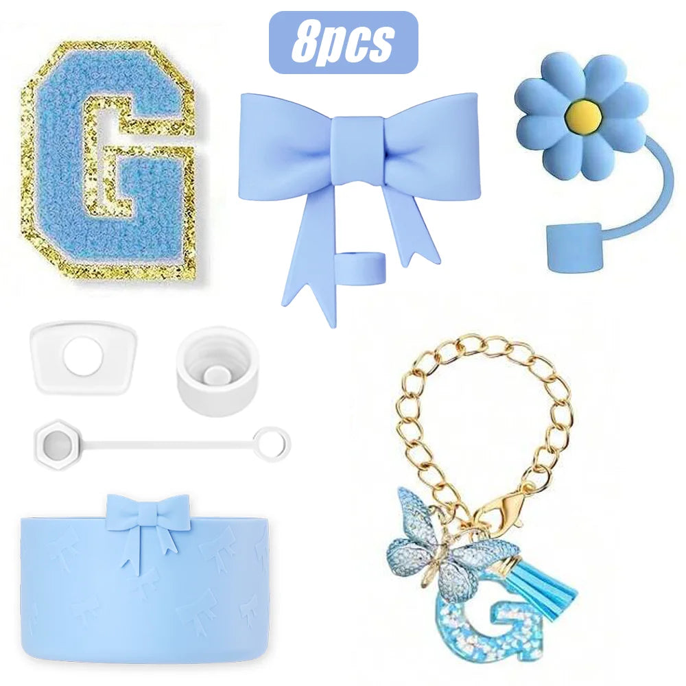 8PCS Cup Accessories Set for Stanley Cup 30oz 40oz, A-Z Initials Decorations, Including Silicone Straw Cover Cap,Sticker ﻿ ﻿