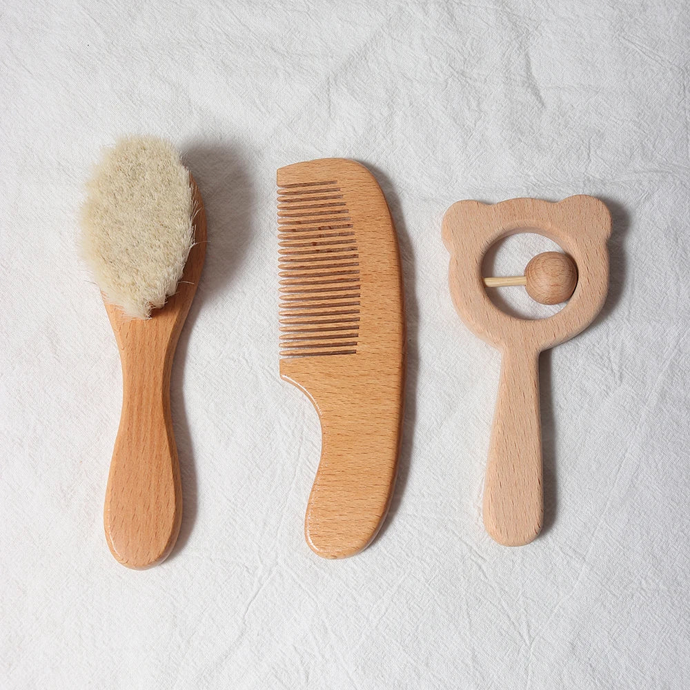 baby comb brush set newborn gift set Natural Wool beech Wooden Comb