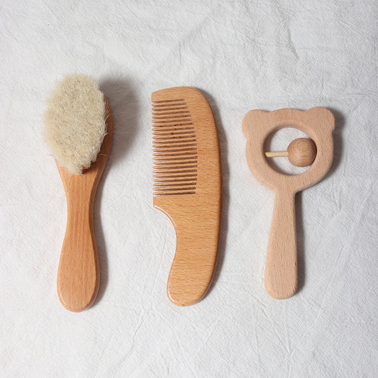 baby comb brush set newborn gift set Natural Wool beech Wooden Comb