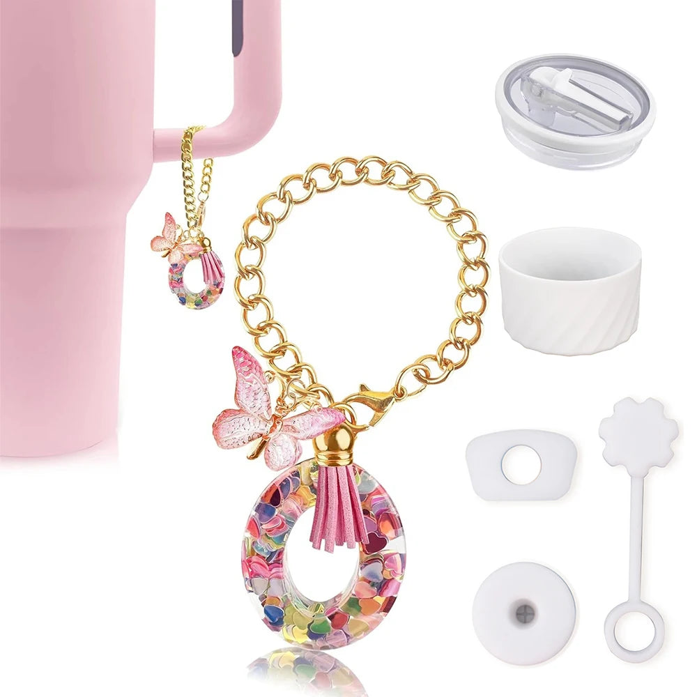6PCS Cup Accessories Set for Stanley Cup 40oz, Tumbler Initials Decorations, Including Silicone Straw Cover Cap,Sticker