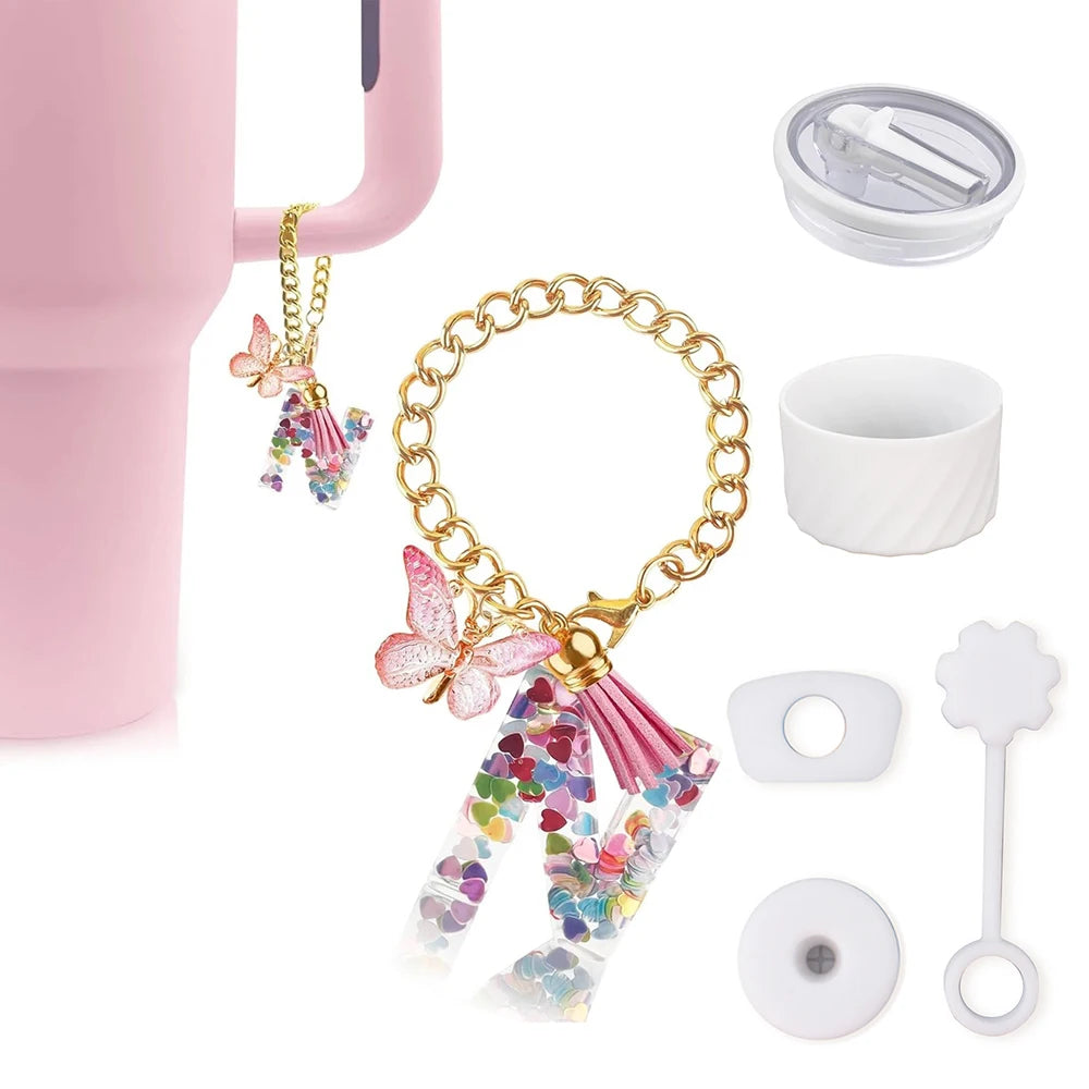 6PCS Cup Accessories Set for Stanley Cup 40oz, Tumbler Initials Decorations, Including Silicone Straw Cover Cap,Sticker
