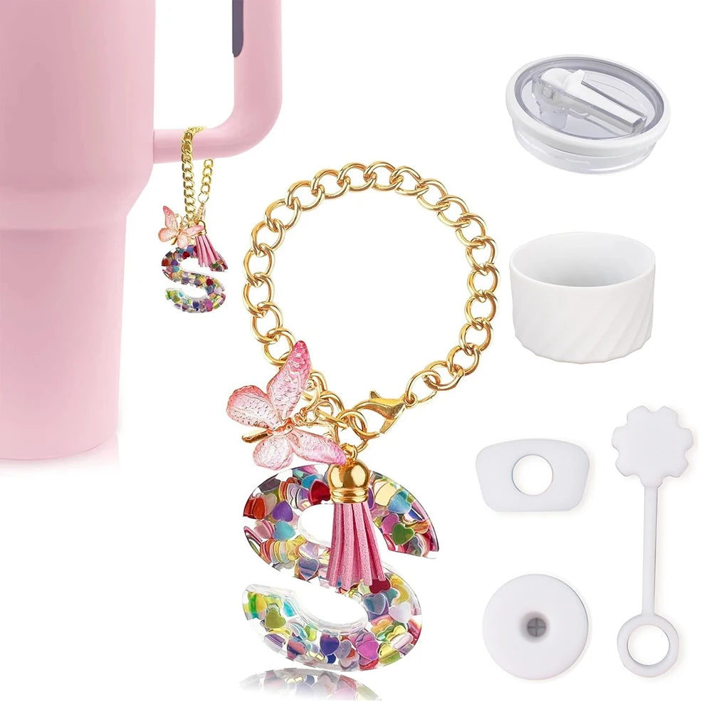 6PCS Cup Accessories Set for Stanley Cup 40oz, Tumbler Initials Decorations, Including Silicone Straw Cover Cap,Sticker