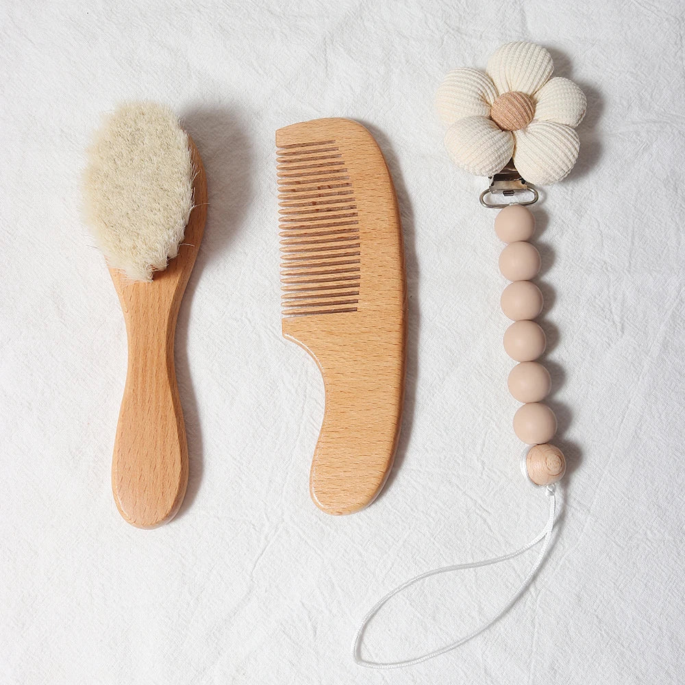 baby comb brush set newborn gift set Natural Wool beech Wooden Comb