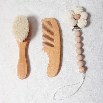 baby comb brush set newborn gift set Natural Wool beech Wooden Comb