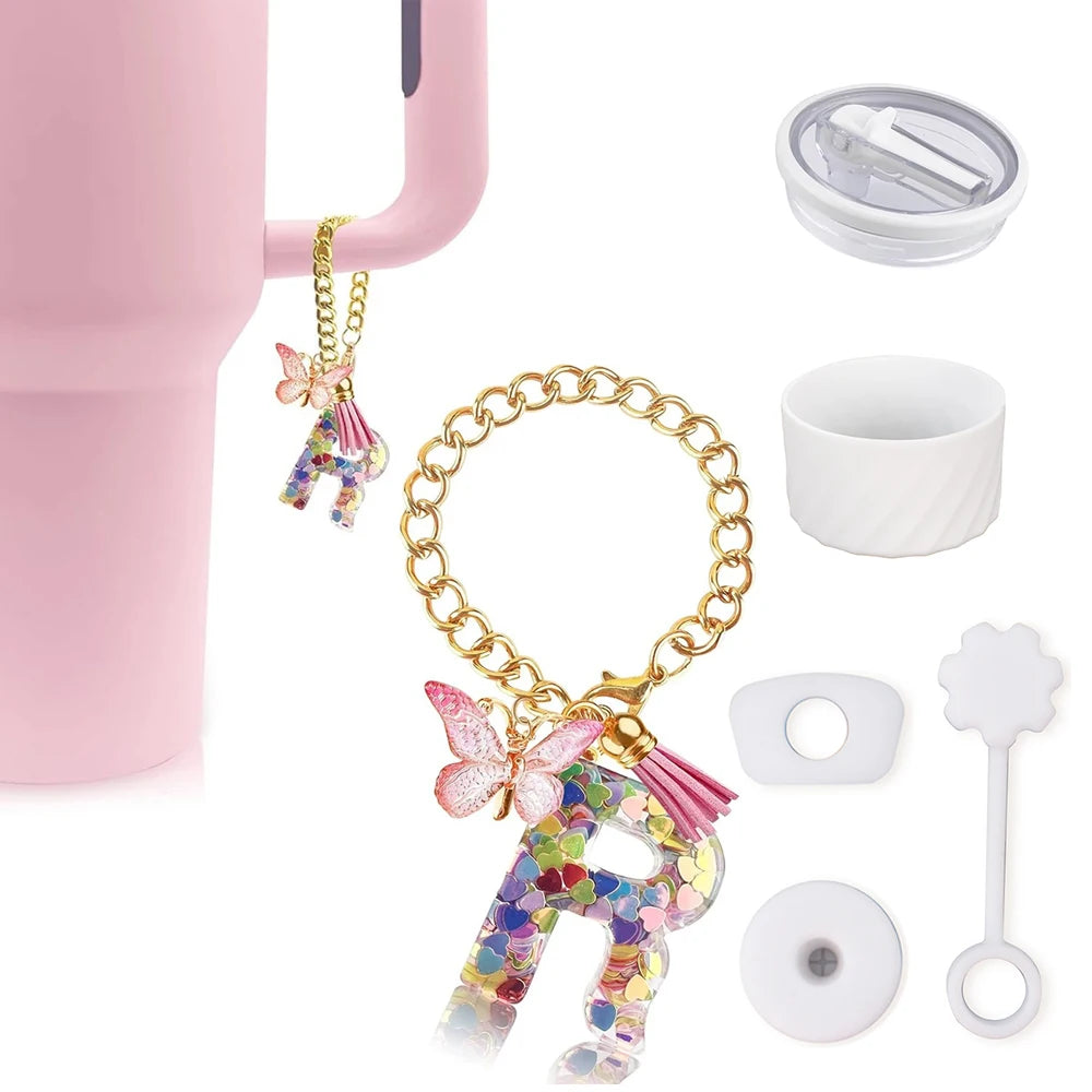 6PCS Cup Accessories Set for Stanley Cup 40oz, Tumbler Initials Decorations, Including Silicone Straw Cover Cap,Sticker