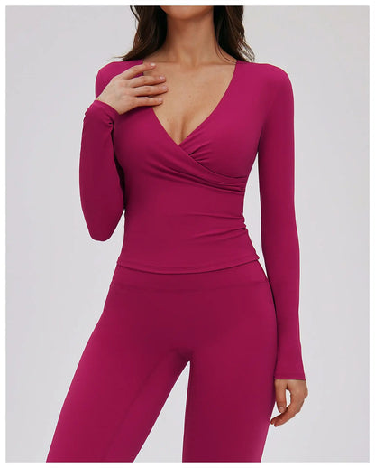 Compression Shirt Yoga Long Sleeve V Training Wear Tight Slim Fit Outdoor Running Fitness Sportswear Woman Gym Activewear