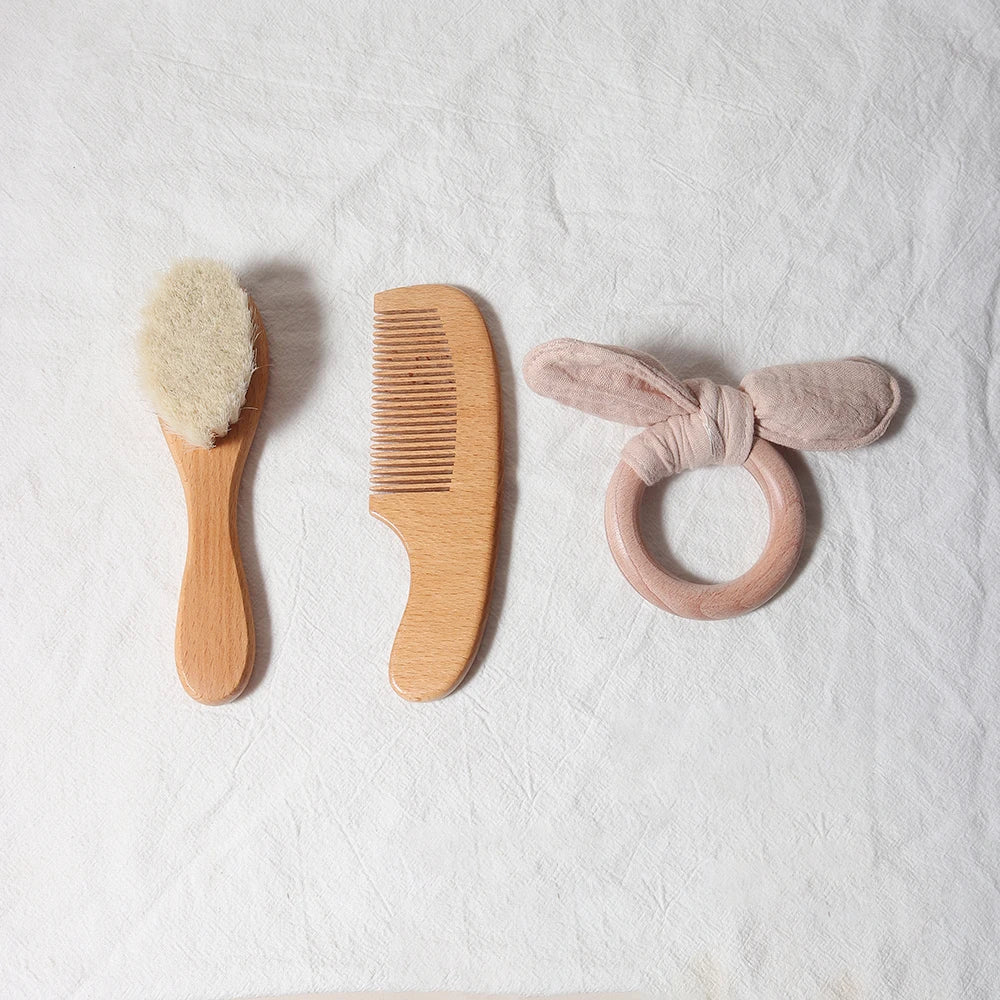 baby comb brush set newborn gift set Natural Wool beech Wooden Comb