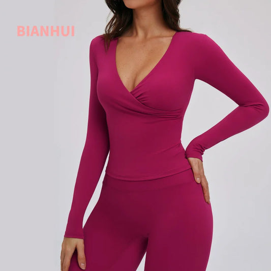 Compression Shirt Yoga Long Sleeve V Training Wear Tight Slim Fit Outdoor Running Fitness Sportswear Woman Gym Activewear