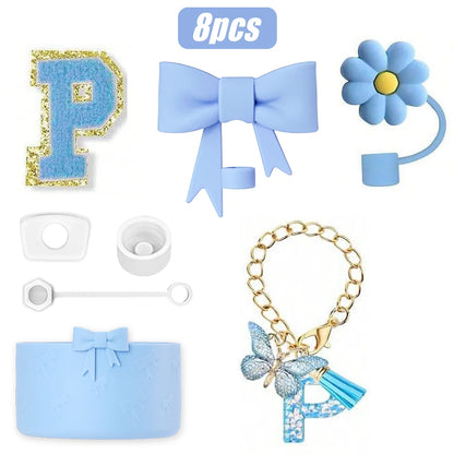 8PCS Cup Accessories Set for Stanley Cup 30oz 40oz, A-Z Initials Decorations, Including Silicone Straw Cover Cap,Sticker ﻿ ﻿