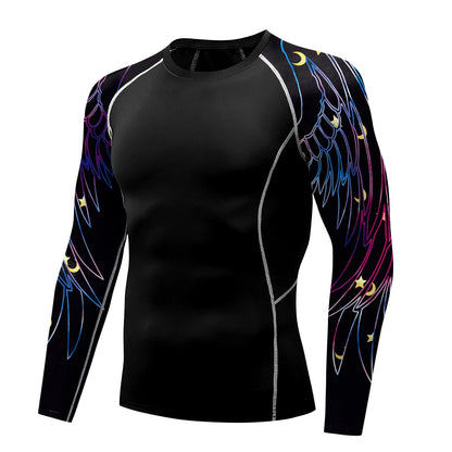 Compression Shirt for Men 3D Print Wing Graphic Tees Long Sleeve Fitness Crewneck Workout Top Quick Drying Summer Male Clothing