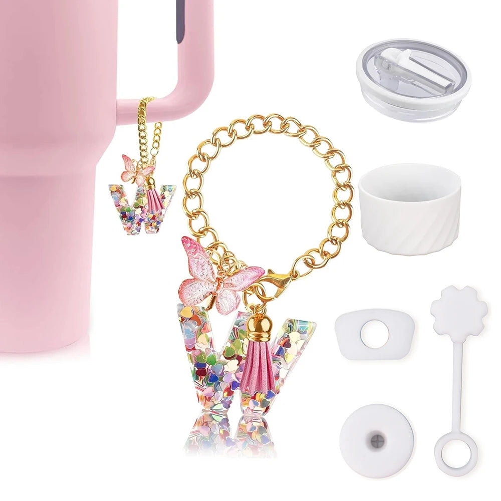 6PCS Cup Accessories Set for Stanley Cup 40oz, Tumbler Initials Decorations, Including Silicone Straw Cover Cap,Sticker