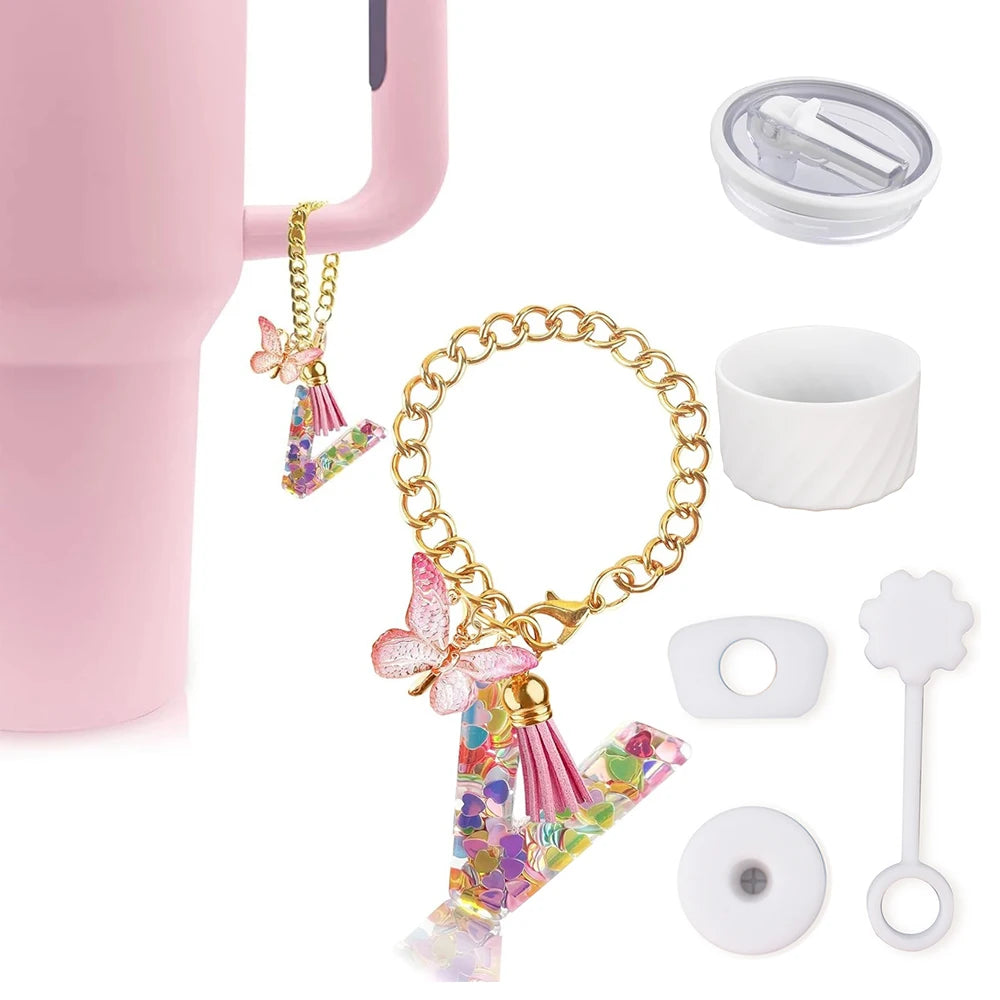 6PCS Cup Accessories Set for Stanley Cup 40oz, Tumbler Initials Decorations, Including Silicone Straw Cover Cap,Sticker