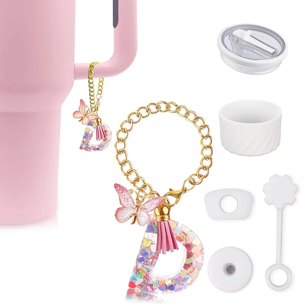 6PCS Cup Accessories Set for Stanley Cup 40oz, Tumbler Initials Decorations, Including Silicone Straw Cover Cap,Sticker