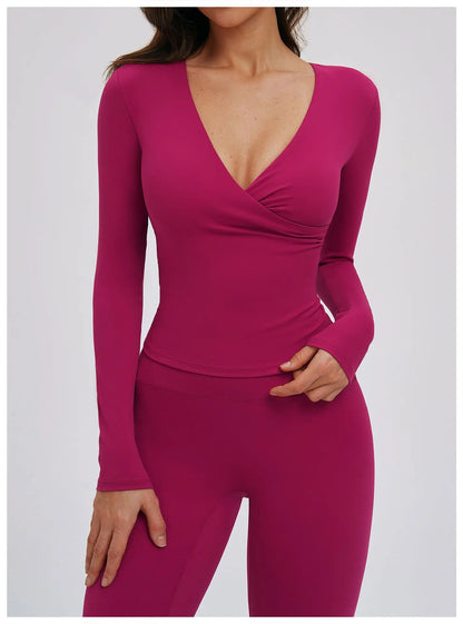 Compression Shirt Yoga Long Sleeve V Training Wear Tight Slim Fit Outdoor Running Fitness Sportswear Woman Gym Activewear